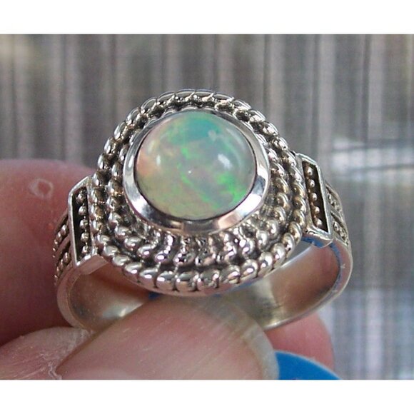 925 STERLING SILVER Genuine Round Ethiopian Opal Ring - Picture 7 of 14